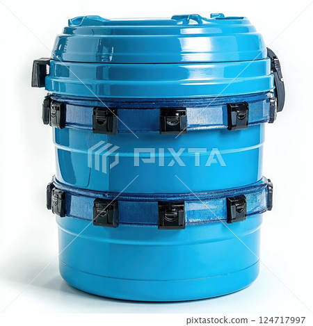 Sleek blue drum design with secure latches for industrial and creative storage solutions 124717997