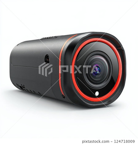 Sleek modern action camera with red accents for adventure and sports enthusiasts 124718009