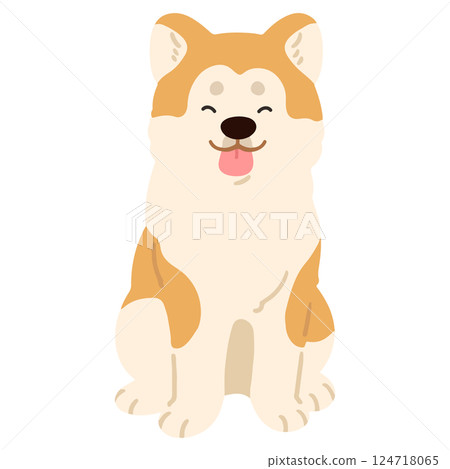 A simple and cute illustration of a smiling Akita dog sitting facing forward, no main lines A simple and cute illustration of a smiling Akita dog sitting facing forward, no main lines 124718065