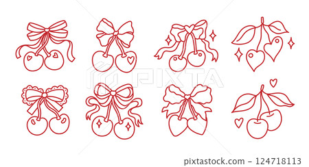 Set of coquette pretty charming bows with cherry berries Set of coquette pretty charming bows with cherry berries 124718113