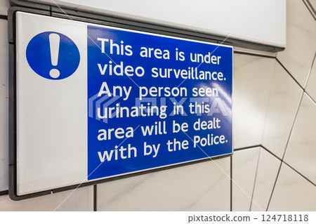 Video surveillance police warning sign in London Underground station Video surveillance police warning sign in London Underground station 124718118