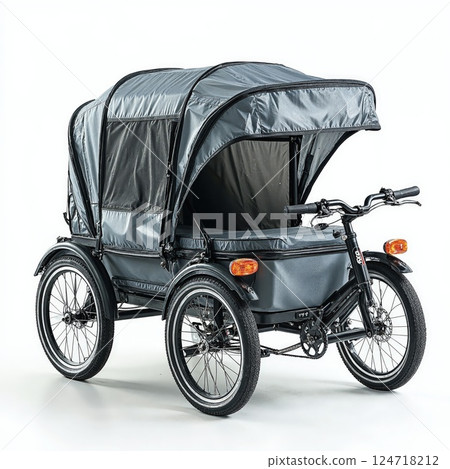 Modern urban electric cargo bike with rain cover for sustainable city travel 124718212