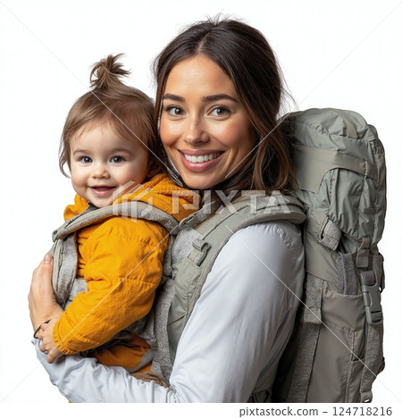 Mother and child hiking adventure: joyful outdoor bonding in nature with modern backpack gear 124718216