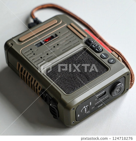 Retro military-style portable radio with digital display and controls for outdoor adventures 124718276