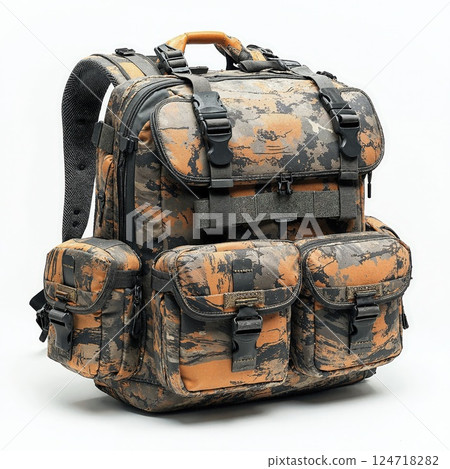 Rugged camo backpack for outdoor adventures and tactical gear with ample storage and versatile design 124718282