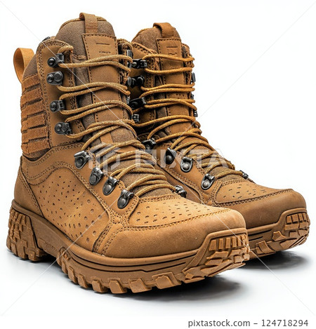 Rugged outdoor hiking boots for adventurous trails in earthy brown with durable soles and sturdy laces for enhanced comfort and support 124718294