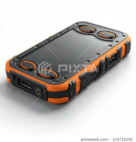 Rugged portable hard drive with orange trim for data storage and protection 124718295