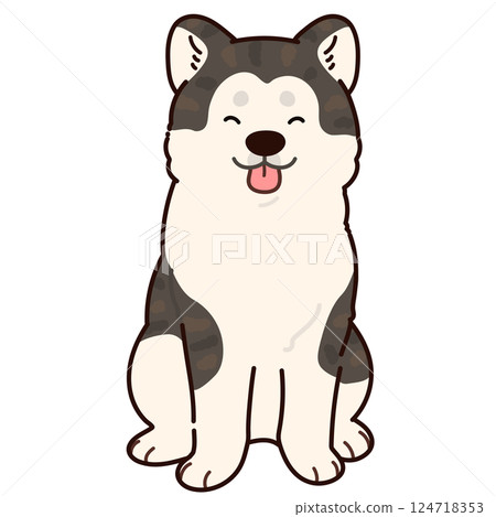 一隻微笑的虎紋秋田犬坐在前方，帶有主線的簡單可愛的插圖 124718353