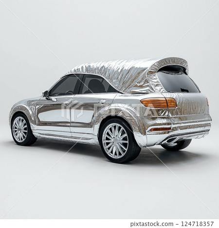 Futuristic silver car with metallic cover showcasing innovative automotive design 124718357