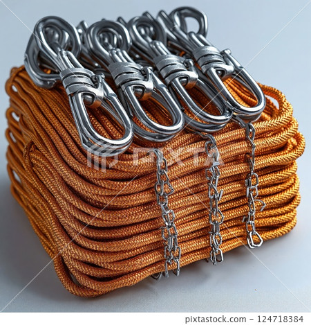Metallic carabiner clips with orange paracord ropes for outdoor adventure and gear organization 124718384
