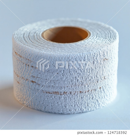 Minimalist close-up of textured white toilet paper roll on soft blue background Minimalist close-up of textured white toilet paper roll on soft blue background 124718392