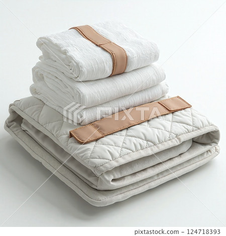 Minimalist folded linens and quilts with leather straps for modern home decor and organization in neutral tones 124718393