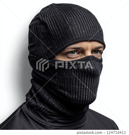 Modern black balaclava minimalist portrait in ribbed knit fabric for fashion and performance wear concept 124718411