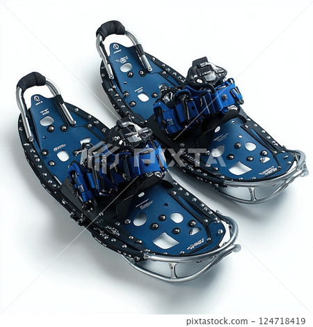 Modern blue snowshoes with adjustable bindings for winter adventures and outdoor exploration 124718419
