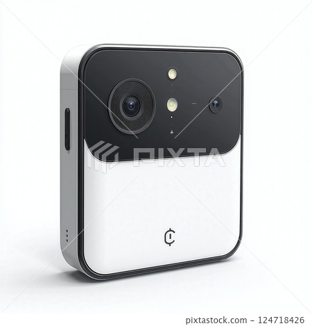 Modern compact dual-lens camera with minimalist design and led indicator for tech enthusiasts and content creators 124718426
