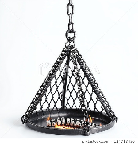 Modern industrial hanging fire pit design with chain detailing for outdoor living spaces 124718456