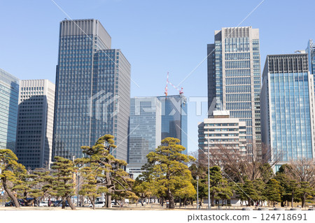 東京皇居外苑的松樹和丸之內建築 東京皇居外苑的松樹和丸之內建築 124718691