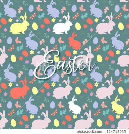Seamless pattern of Easter bunny, decoupage style, hand drawn flat design, Happy Easter flowers, eggs and butterflies texture, pastel colors. Wallpaper vector illustration on green background Seamless pattern of Easter bunny, decoupage style, hand drawn flat design, Happy Easter flowers, eggs and butterflies texture, pastel colors. Wallpaper vector illustration on green background 124718935