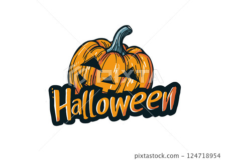 Halloween-themed pumpkin with carved face and text on white background. 124718954