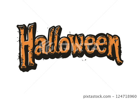 Halloween-themed text in orange and black colors on a white background. 124718960