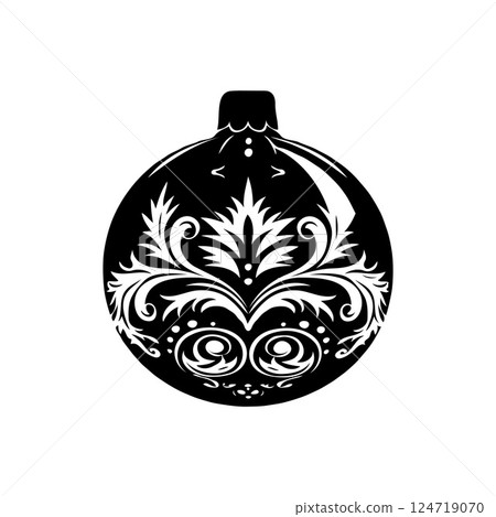 Black Christmas ornament with intricate white floral design on white background, concept of elegance Black Christmas ornament with intricate white floral design on white background, concept of elegance 124719070