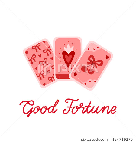 Caligraphic hand-drawing inscription Good Fortune with mystical tarot cards Caligraphic hand-drawing inscription Good Fortune with mystical tarot cards 124719276