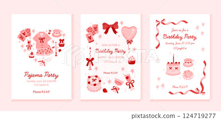Colorful collection of 3 invitation templates for Pajama party, Birthday, wedding. Colorful collection of 3 invitation templates for Pajama party, Birthday, wedding. 124719277