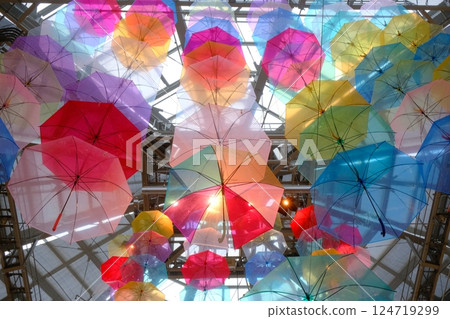 Plastic umbrellas hanging from the ceiling 124719299