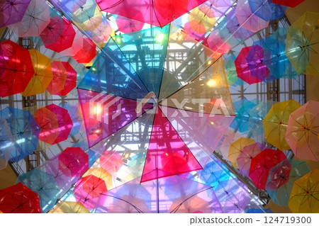 Plastic umbrellas hanging from the ceiling Plastic umbrellas hanging from the ceiling 124719300