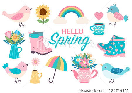 Spring illustration set. Hello spring. Vector Clip art. simple flat style 124719355