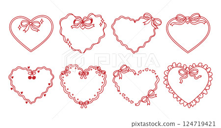 Set of ribbon heart frames decorated coquette bows Set of ribbon heart frames decorated coquette bows 124719421