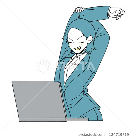 A female office worker stretching in front of a laptop A female office worker stretching in front of a laptop 124719719