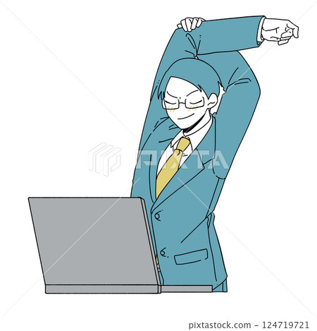 A serious-looking male office worker stretching in front of a laptop 124719721