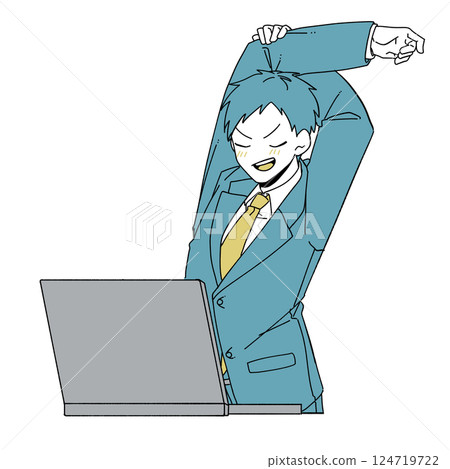 A male office worker stretching in front of a laptop A male office worker stretching in front of a laptop 124719722