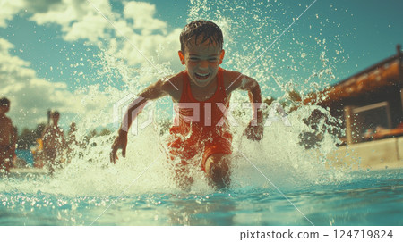 Joyful boy splashes through pool under sunny sky, creating vibrant water droplets in lively summer scene 124719824