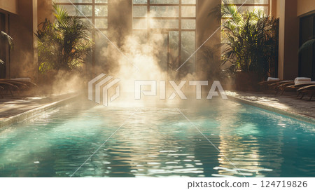 Serene indoor pool with warm sunlight streaming through large windows, surrounded by lush green plants and steam rising from 124719826