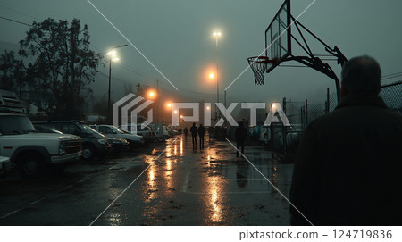 Peaceful landscape with a city parking lot and basketball hoop in the mist and rain Peaceful landscape with a city parking lot and basketball hoop in the mist and rain 124719836