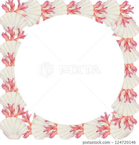 Square frame of watercolor seashell, coral and alga Square frame of watercolor seashell, coral and alga 124720146