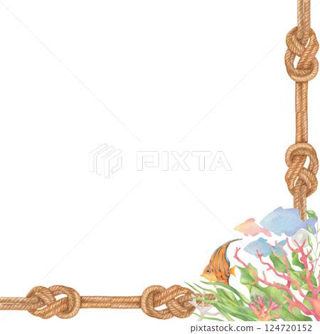 Square frame of watercolor seashell, coral and alga  124720152