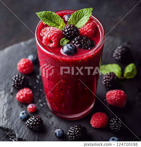 Bright berry smoothie looks very refreshing and appetizing. The drink is decorated with fresh raspberries, blackberries, and blueberries, as well as sprigs of mint. Generative AI 124720198