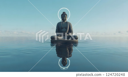 一尊佛像在平靜的湖面地平線上沉思 124720248