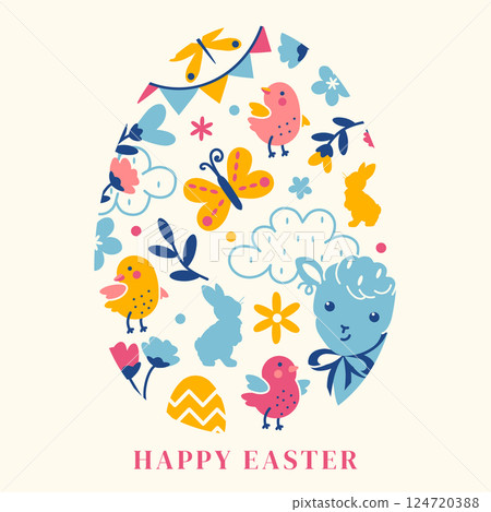 Bright and cheerful Easter egg composition featuring playful animals, flowers, and festive elements. Isolated modern clip art. Colorful vector flat decor element for greeting cards, holiday posters Bright and cheerful Easter egg composition featuring playful animals, flowers, and festive elements. Isolated modern clip art. Colorful vector flat decor element for greeting cards, holiday posters 124720388