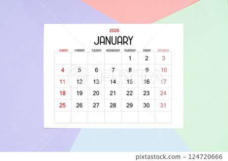 Janury calendar card for 2026 year on colorful background. 124720666