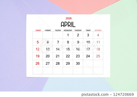 April calendar card for 2026 year on colorful background. April calendar card for 2026 year on colorful background. 124720669