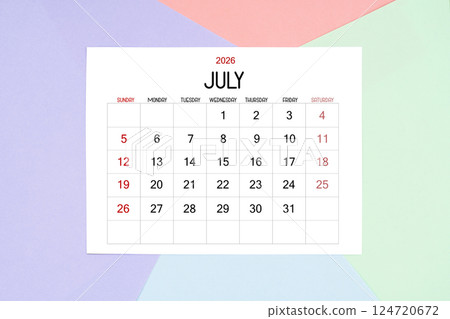 July calendar card for 2026 year on colorful background. 124720672