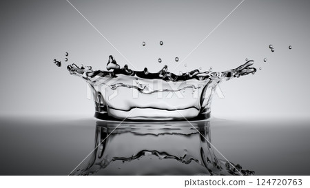 Experience the mesmerizing Dynamic Water Splash featuring a Reflective Surface in Monochrome 124720763