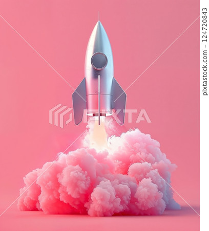 A rocket launches into the sky from vibrant pink clouds, symbolizing ambition and innovation 124720843
