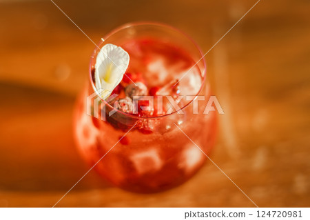 Close up strawberry soda on wood table 124720981
