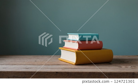 Pile of Colorful Books on Wooden Desk with a Neutral Background 124721301