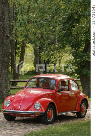 Classic red car parked under lush trees in a serene rural setting during daylight hours Classic red car parked under lush trees in a serene rural setting during daylight hours 124721545